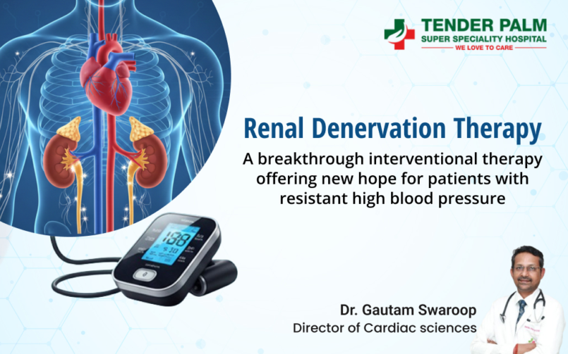 Renal denervation therapy illustration showing kidneys, heart, and blood pressure monitor for resistant hypertension treatment