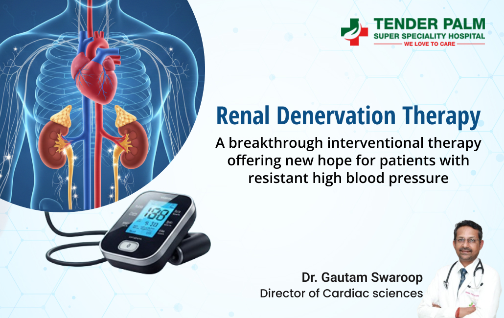 Renal denervation therapy illustration showing kidneys, heart, and blood pressure monitor for resistant hypertension treatment