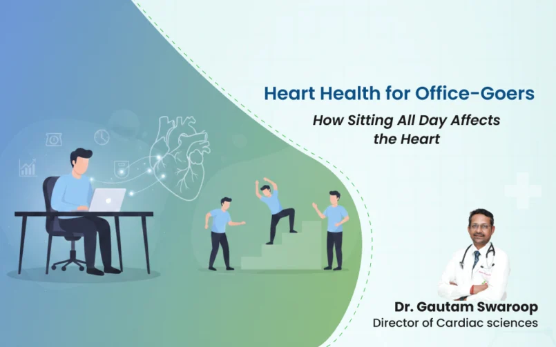 Illustration showing heart health for office workers, depicting a man sitting at a desk with a heart graphic and people exercising, along with Dr. Gautam Swaroop, Director of Cardiac Sciences.