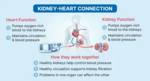 An educational infographic titled "Kidney-Heart Connection" illustrates the biological relationship between the two organs. The center features a human silhouette showing the heart and kidneys connected by red and blue circulatory paths.