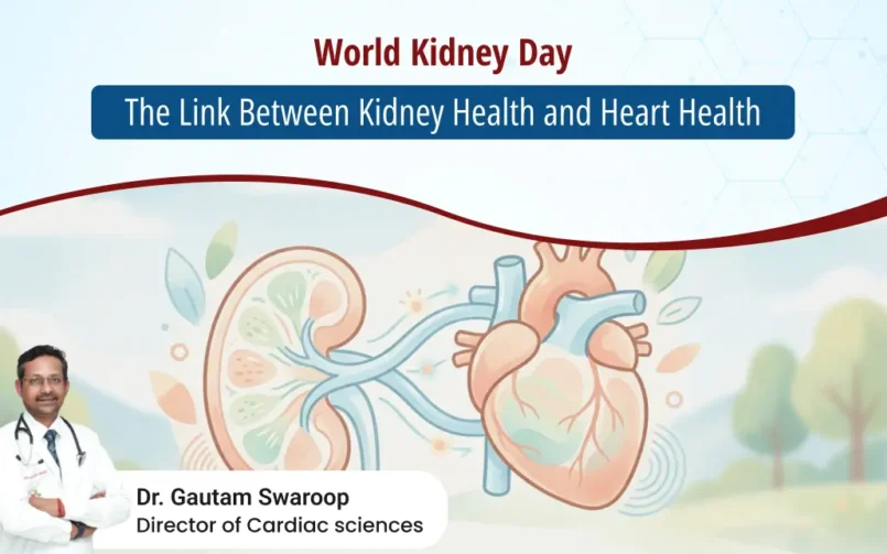 World Kidney Day awareness poster showing the link between kidney health and heart health with Dr. Gautam Swaroop, Director of Cardiac Sciences
