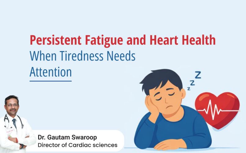 Persistent fatigue and heart health awareness illustration showing a tired man resting his head beside a heart icon and a doctor portrait with the text “When Tiredness Needs Attention