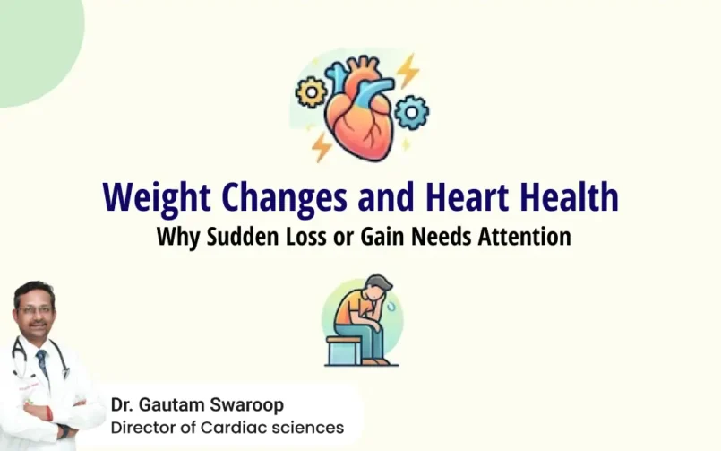 llustration titled ‘Weight Changes and Heart Health: Why Sudden Loss or Gain Needs Attention’ with heart icon and person on scale.