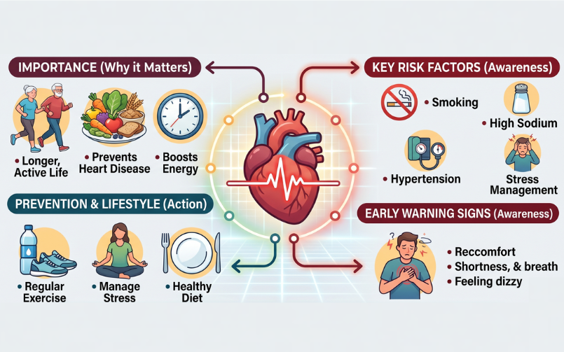 Comprehensive heart care and cardiac health management infographic featuring lifestyle prevention tips, risk factors, and warning signs recommended by the best heart specialist in lucknow.