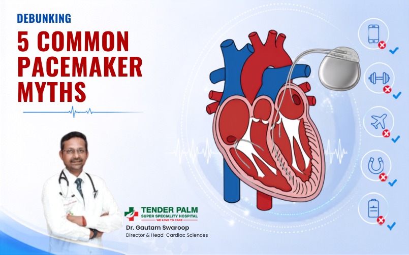 Debunking 5 Common Pacemaker Myths – illustrated heart with pacemaker explaining facts about cardiac rhythm disorders and pacemaker treatment.