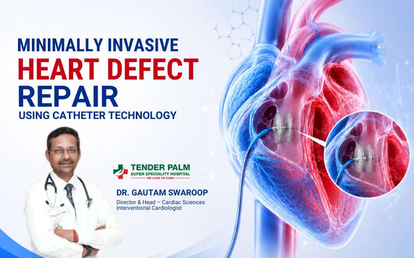 Dr. Gautam Swaroop explaining minimally invasive heart defect repair using catheter technology, featuring an illustration of a closure device inside the heart.