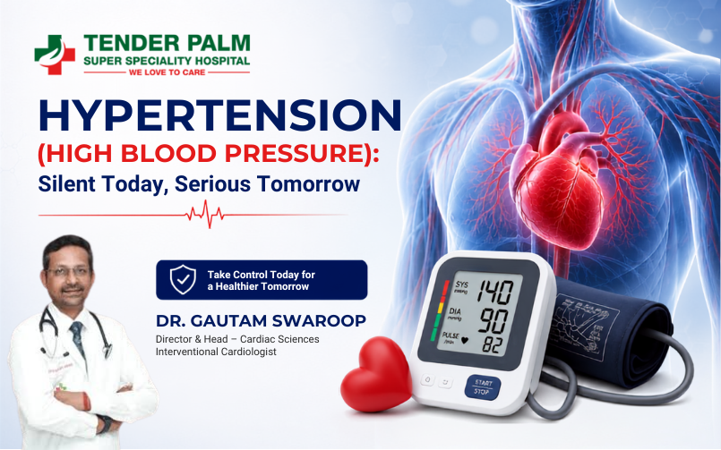 A medical awareness banner from Tender Palm Super Speciality Hospital titled "Hypertension (High Blood Pressure): Silent Today, Serious Tomorrow." It features Dr. Gautam Swaroop, a graphical illustration of the human cardiovascular system, and a digital blood pressure monitor showing a high reading of 140/90.