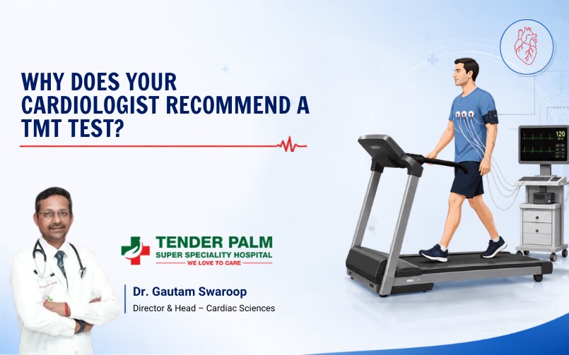 Dr. Gautam Swaroop explaining why cardiologists recommend a TMT (Treadmill Test) for evaluating heart health, exercise tolerance, and possible cardiac conditions, with an illustration of a patient undergoing a treadmill stress test and ECG monitoring at Tender Palm Super Speciality Hospital.